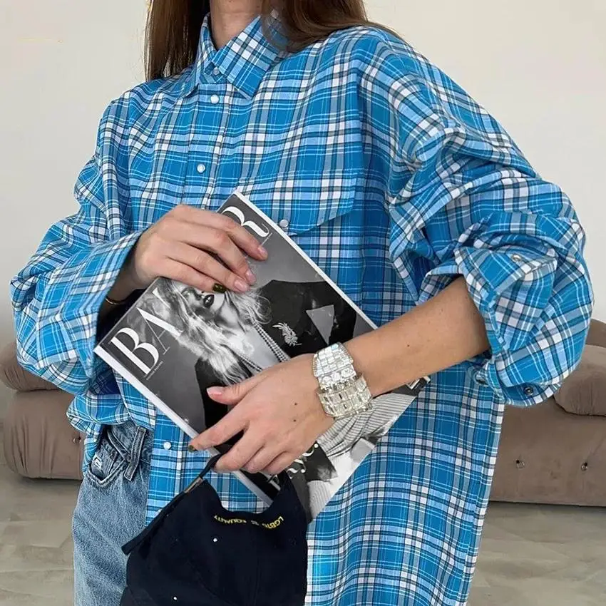 

Loose Plaid Long Sve Casual irt Vintage Turn-down Collar Women's Faion Fce-lined Autumn Spring Cheered Pattern