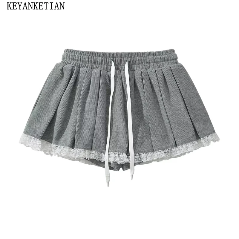 KEYANKETIAN 2024 New Y2K Lace Decoration Elastic Low Waist Knit Mini-Skirt Hot Sweet Drawstring Lace Up Women's Gray Pantskirt