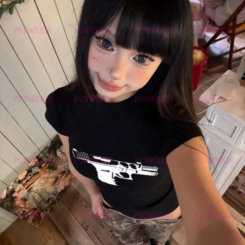 Gothic Print Black Women Corp Top Skinny Y2k 90s Hip Hop T-Shirt Aesthetic Sweetheart Graphic Rock Streetwear Punk Slim Top Tee