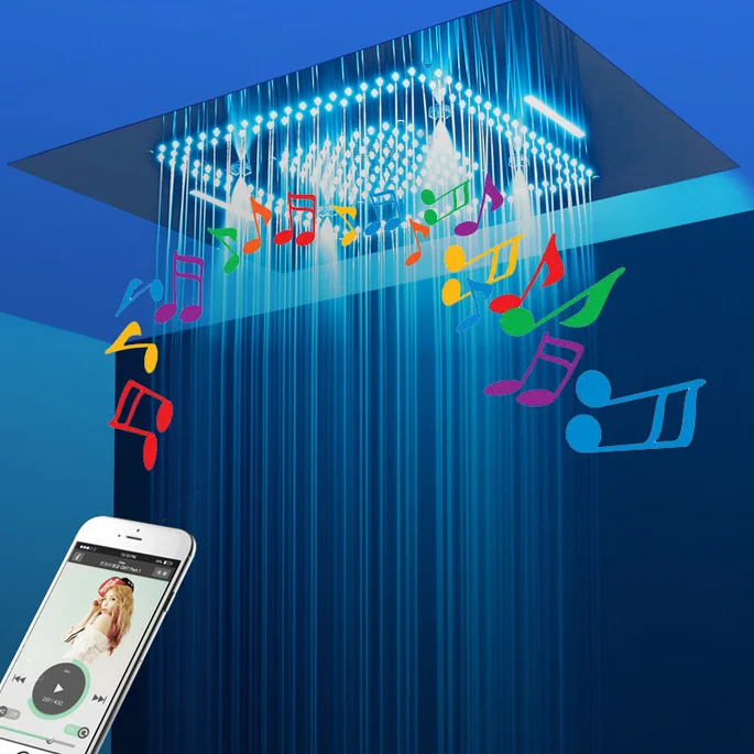 Big 800x600mm 4 Functions Ceiling Mounted Smart Bluetooth Concealed LED Lighting Rain Mist Music Shower Head Stainless Steel 304