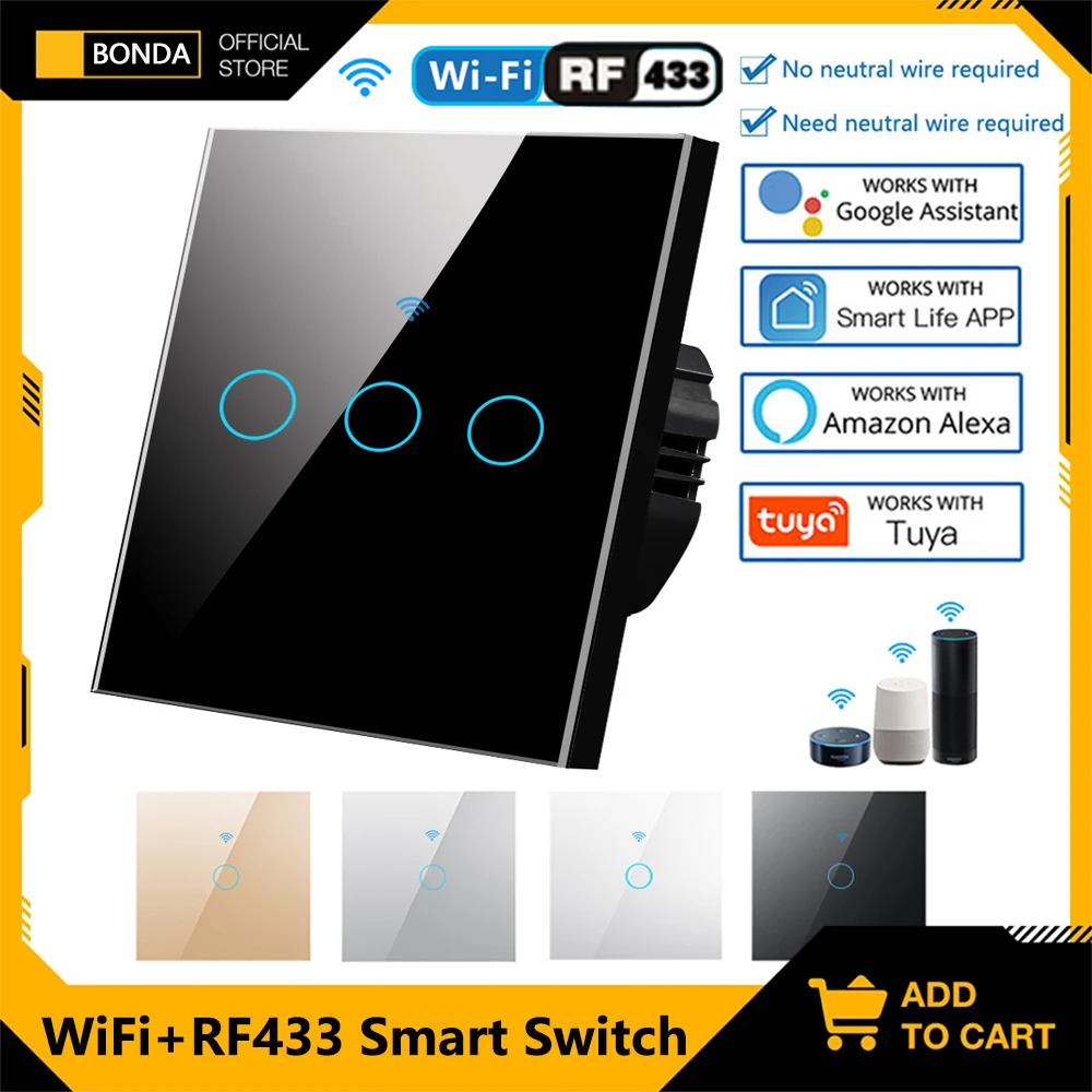 

BONDA Smart Switch Wifi RF433 No Neutral EU Standard Tuya Control Works with Alexa Google Home WiFi Smart Home Touch Switches 86