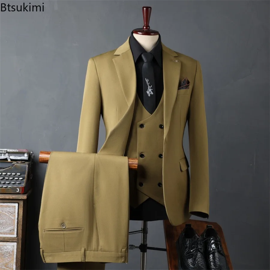 Men's Fashionable Casual Business Suit Set (jacket+vest+pants) Lightweight Luxurious Formal Wear Korean Style Wedding Costumes