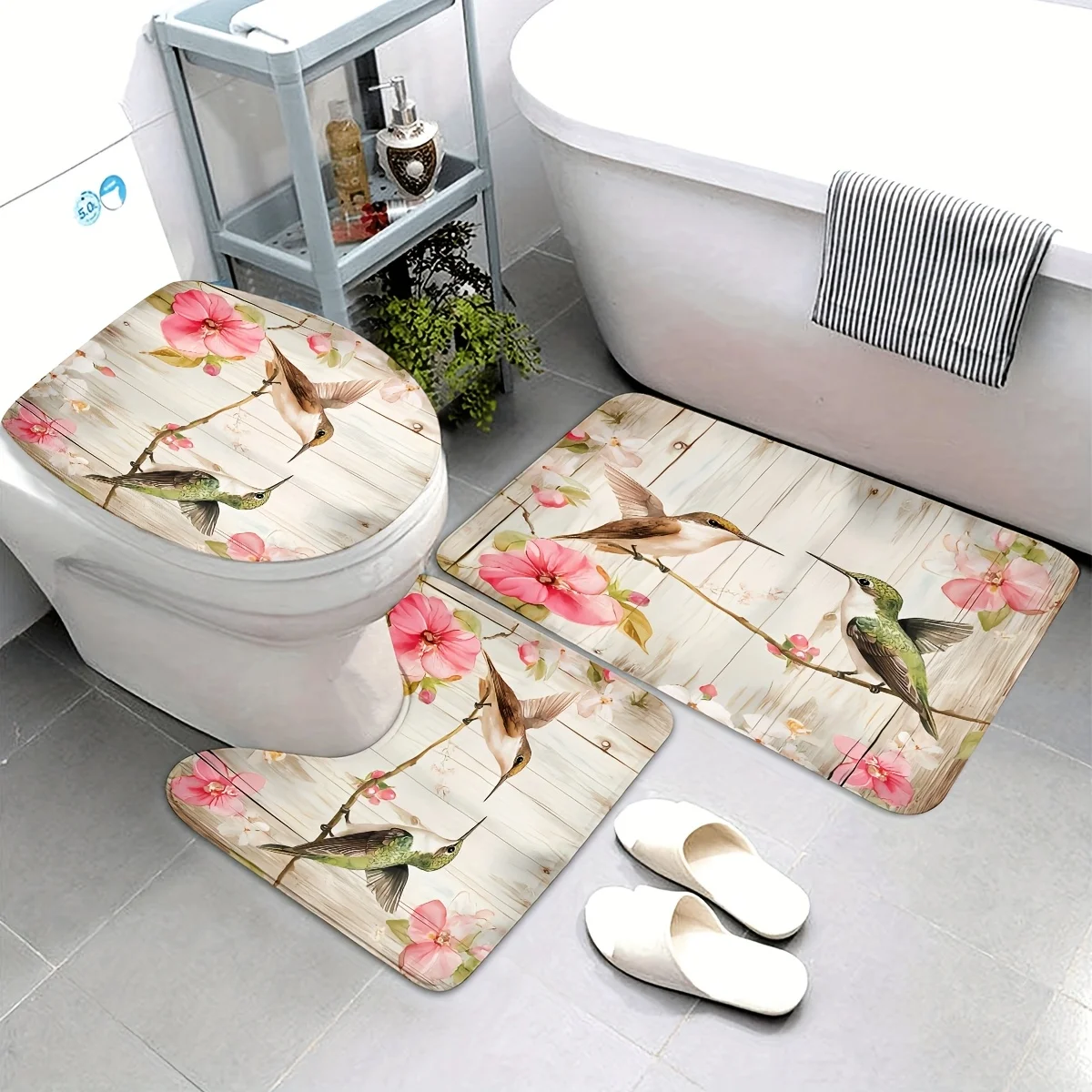 

3 шт., весенний День святого Валентина, колибри, розовый цветок, деревянное зерно, противоскользящий коврик, ковер для ванной комнаты, U-образный коврик для унитаза, сиденье для унитаза