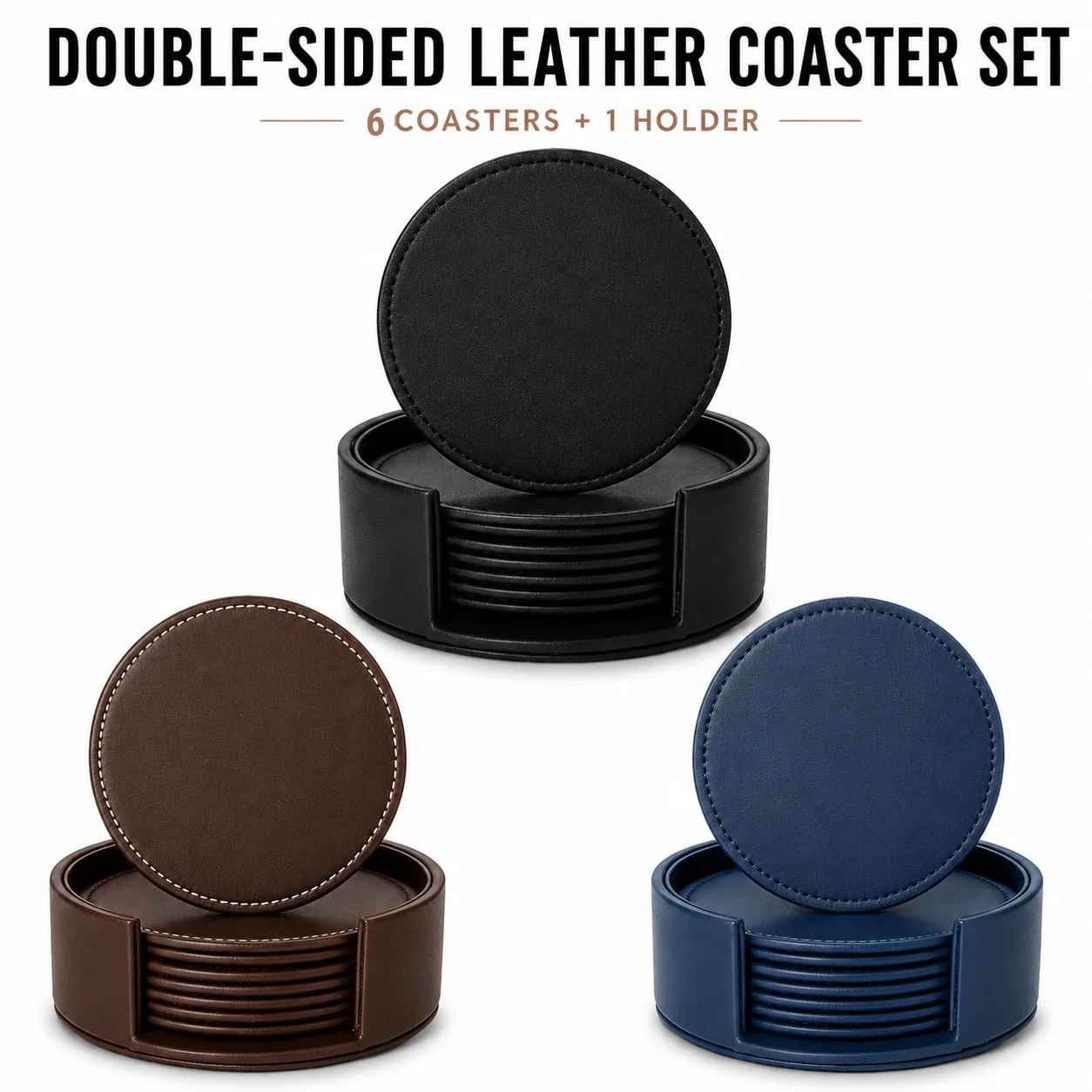 6 Pcs PU Leather Coasters With Holder Drink Cup Mat Double Sided Waterproof Heat Resistant Pad For Office Desk Table