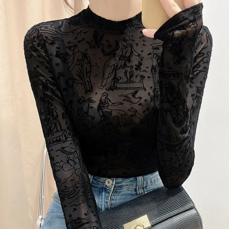 Sexy Black Summer Tops 2024 Elegant Streetwear Long Sleeve Blusas Mujer Korean Fashion Clothes See Through Printed Lace Blouses