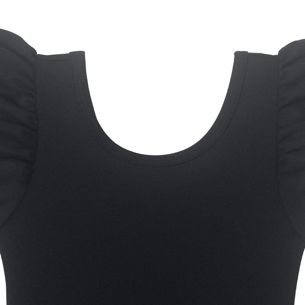 Dziewczęce czarne trykoty baletowe z falbankami, krótkie rękawy, stroje gimnastyczne, odkryte plecy, body do ćwiczeń gimnastycznych, kostium do treningu.