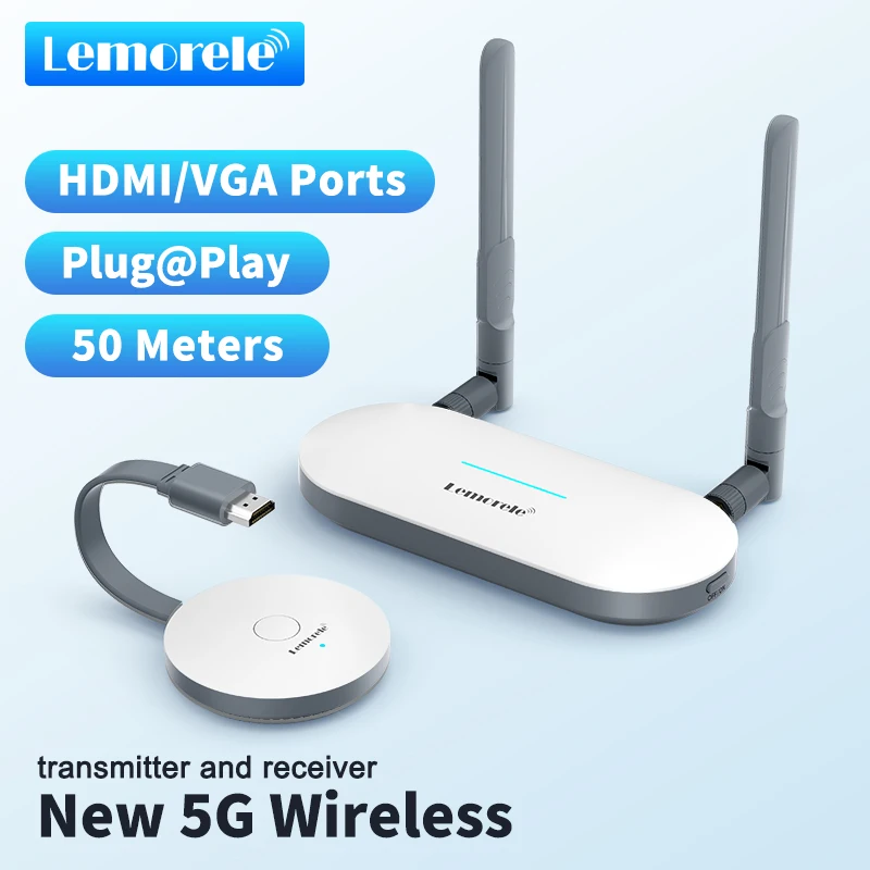 Lemorele 무선 HDMI 비디오 오디오 송신기 및 HDMI/VGA 리시버 익스텐더 키트 어댑터, TV 모니터 프로젝터용, G52R1, 5GHz, 50m