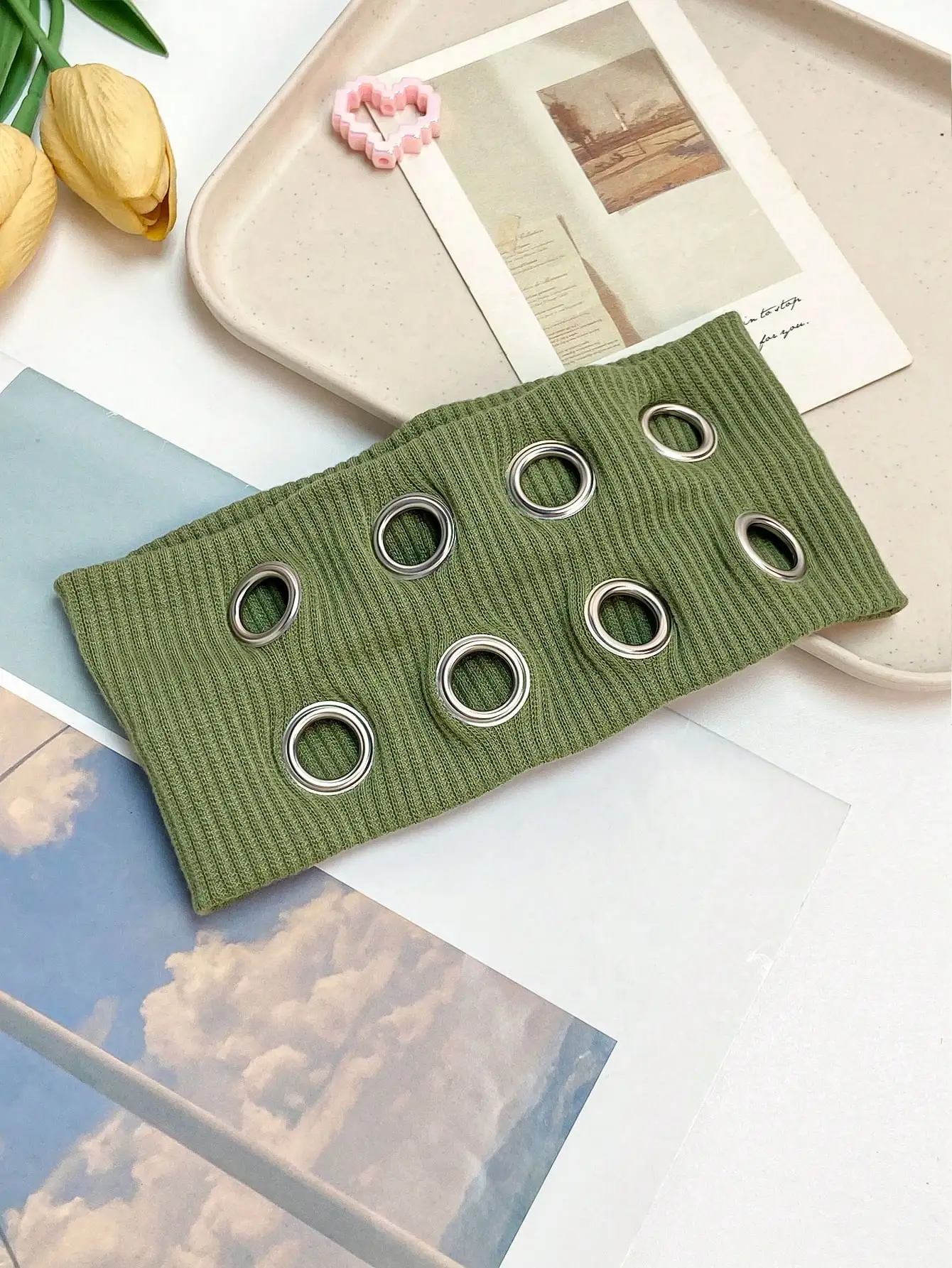 

Женская вязаная повязка на голову с металлическими люверсами в повседневном панк-стиле, эластичный аксессуар для волос