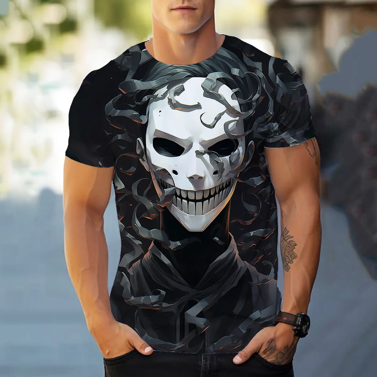 New horror mask 3D printed T-shirt for summer men's casual Harajuku oversized round neck T-shirt loose and trendy men's clothing