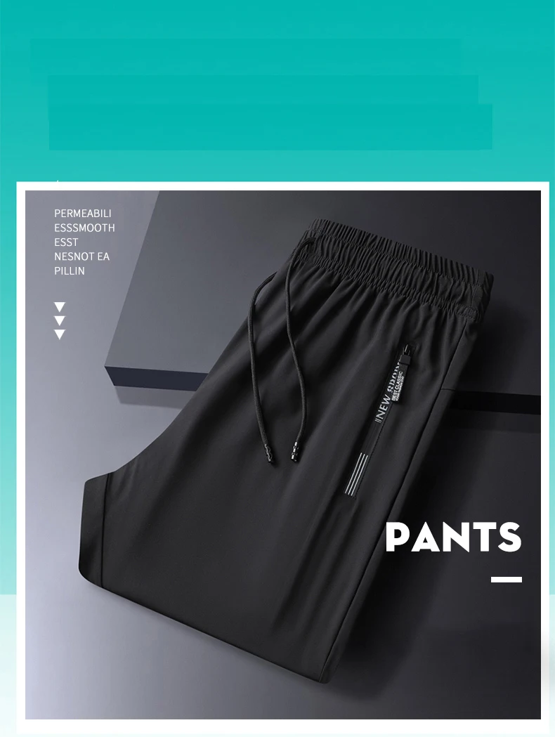 Men's Athletic Stretchy Ice Silk Quick Dry Pants Zipper Pockets Lightweight Sweatpants Outdoor Hiking Breathable Running Workout