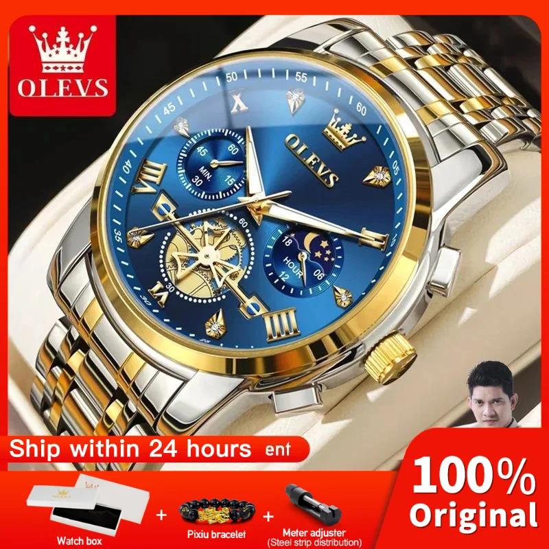OLEVS 2856 Herrenuhren, Original, klassisch, multifunktional, Chronograph, Quarz-Armbanduhr, Mondphase, 24-Stunden-wasserdicht, Herrengeschenke