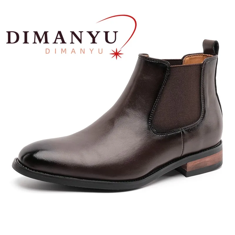 DIMANYU Chelsea Boots Man Genuine Leather Men's High-Top Boots Simple Business Dress Pointed Short Boots For Men
