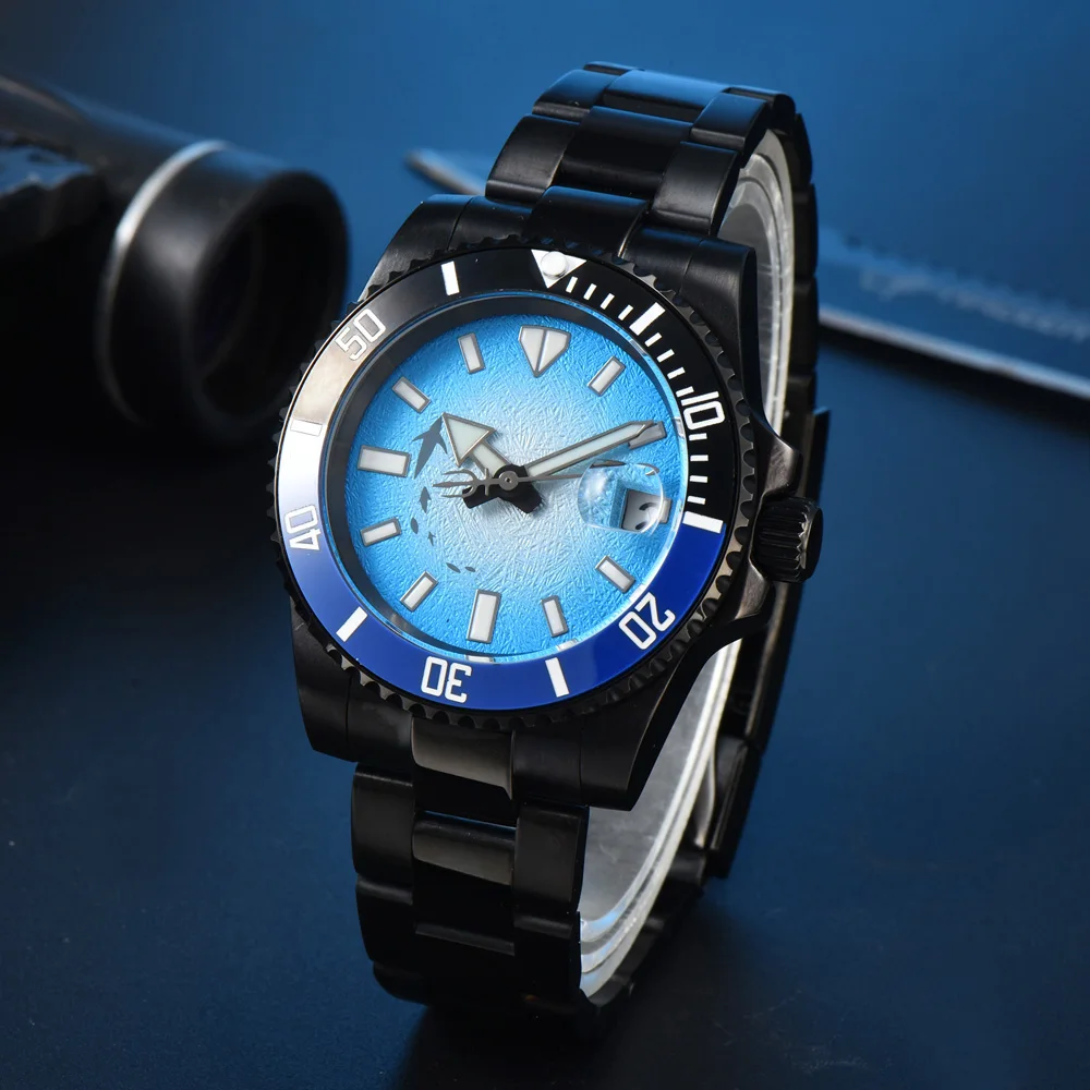 40mm Watch Men\'s Business Watch Luminous Aseptic Shark Dial Sapphire Glass Black Stainless Steel Case Bracelet Movement NH35