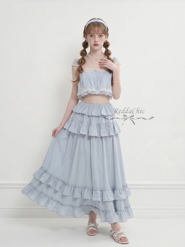 REDDACHiC Fly Sleeve Crop Top Skirt Matching Set Women Romantic Button Down Camisole Low Rise Maxi Skirt Beach Summer Clothes