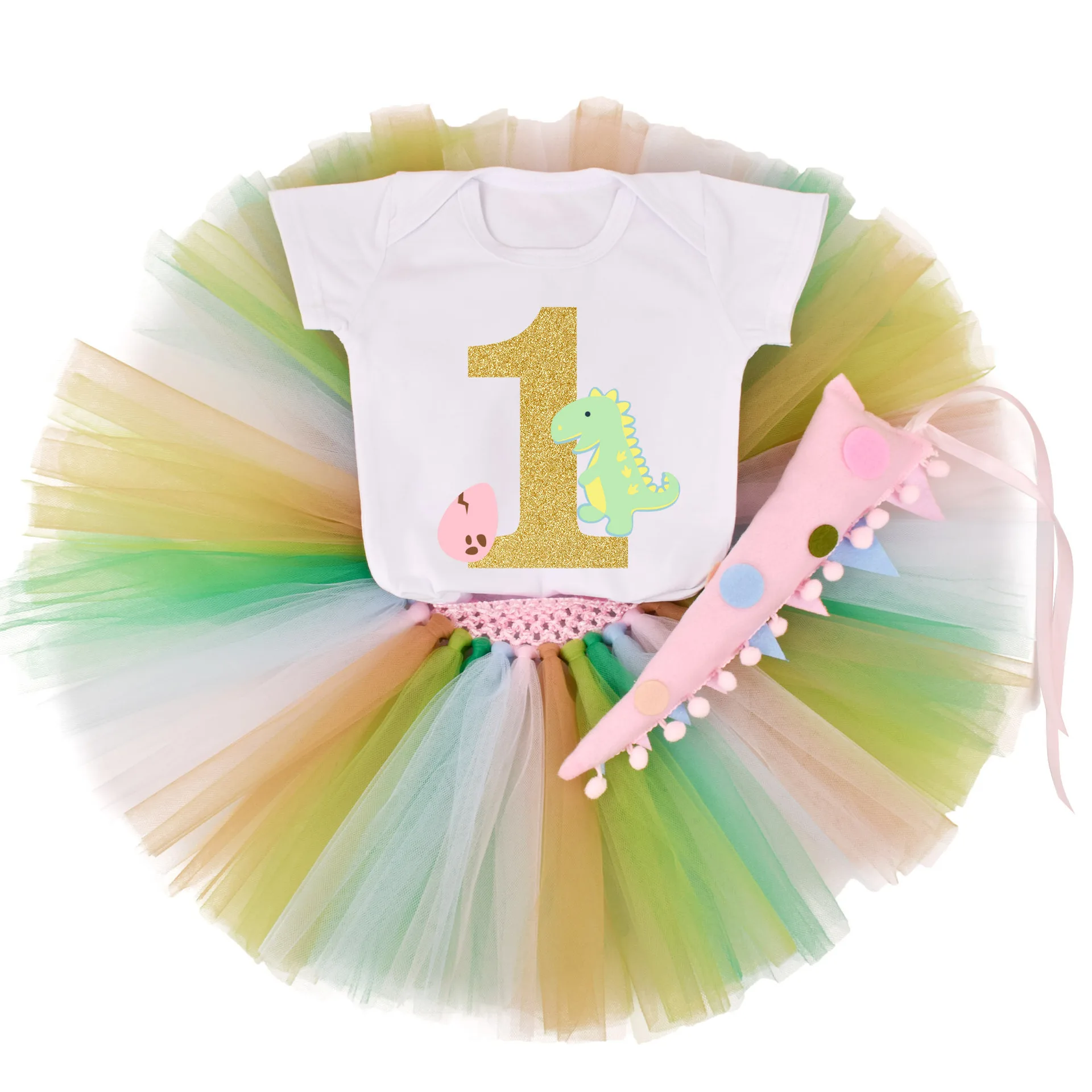 Baby Dinosaur Print Romper Short Sleeve 3Pcs Set Mesh Tulle Skirt Infant Birthday Outfit Toddler Jumpsuit For Party Photo Shoot