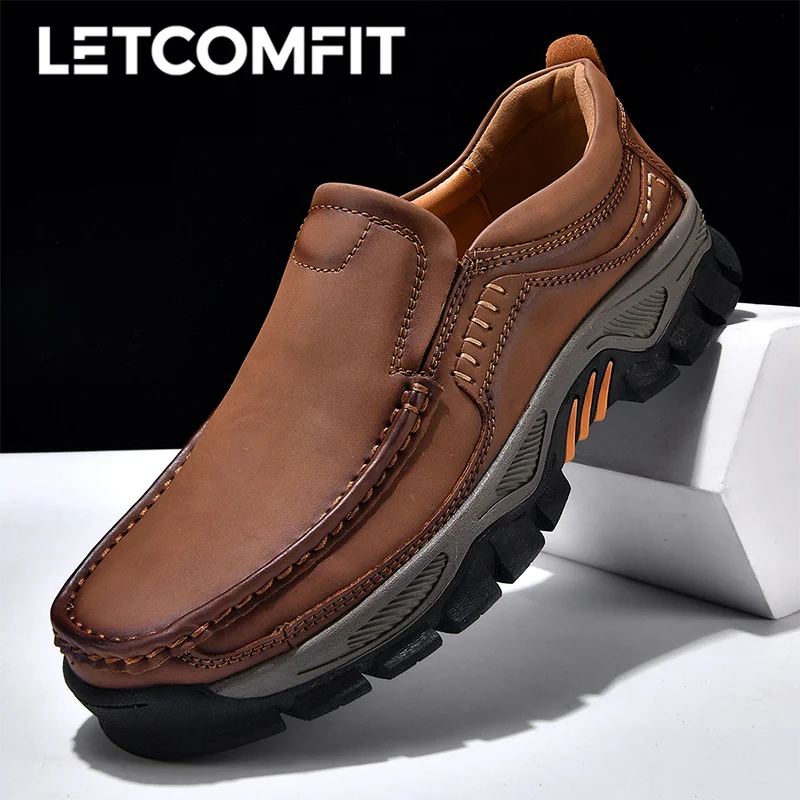 

2025 New Handmade Leather Men Shoes Casual Outdoor Slip on Loafers Men Leather Shoes Flats Moccasins Walking Shoes Non-Slip