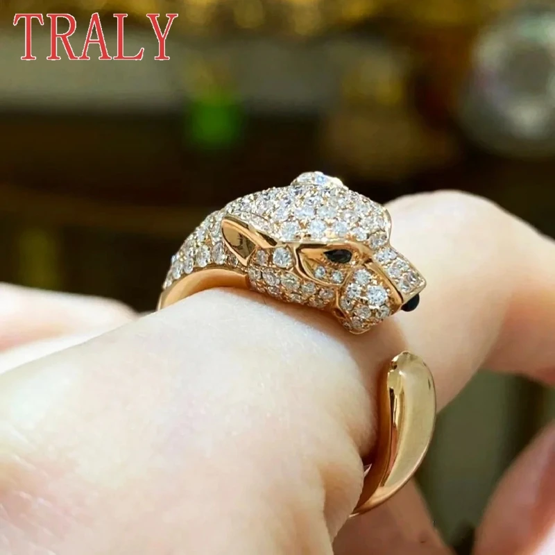 Anelli con testa di leopardo in argento sterling 925 per le donne Fedi nuziali alla moda con mezzo diamante Regali per feste di gioielli color oro bianco \ rosa