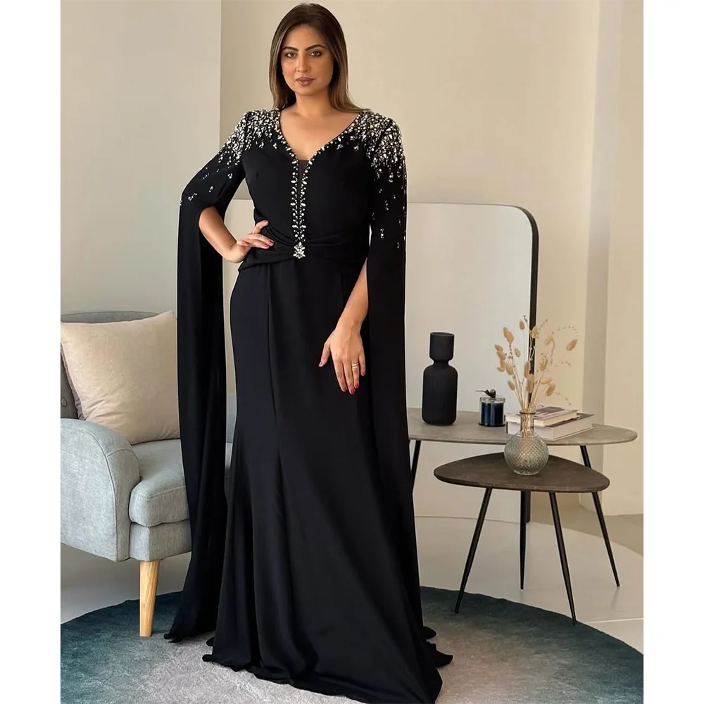 

Black Evening Dress Customized V-Neck Crystal Long Sleeves Elegant Evening Gowns for Women 2025 Mermaid Formal Party Dress Long