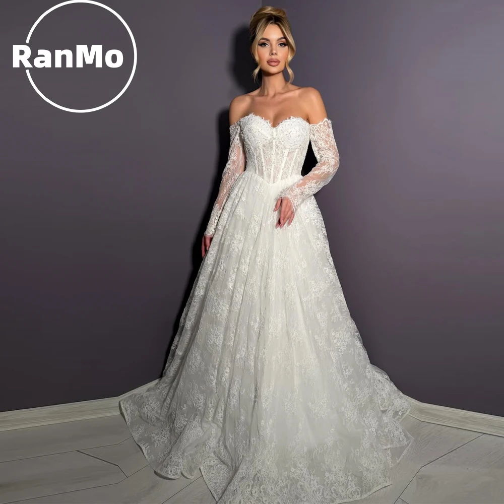 

Ranmo New 2025 White Wedding Dress Off Shoulder A-Line Sweetheart Full Sleeve Lace Wedding Gowns Luxury Bridal Gown Customised