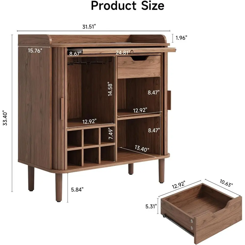 Walnut Home Bar Cabinet with Storage, Charging Station, and Wine Racks