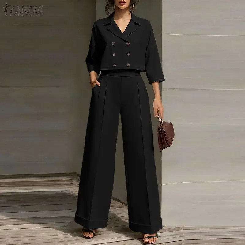 

Fashion Women Pant Sets ZANZEA 2026 Summer Outfits Lapel Neck 3/4 Sleeve Cropped Shirt Wide Leg Trousers Suit 2 Pieces Sets