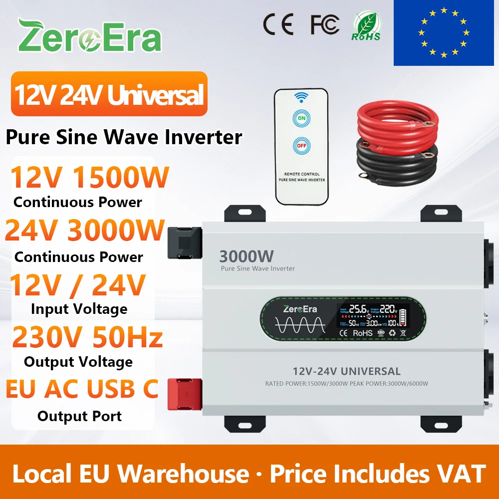 ZeroEra Dual-Voltage Reiner Sinus-Wechselrichter 1500W/3000W 12V/24V auf 230V 50Hz mit EU-Wechselstromsteckdosen, Fernbedienung, LCD-Anzeige für Wohnmobil, LKW, Camping, Reisen, EU-Lager