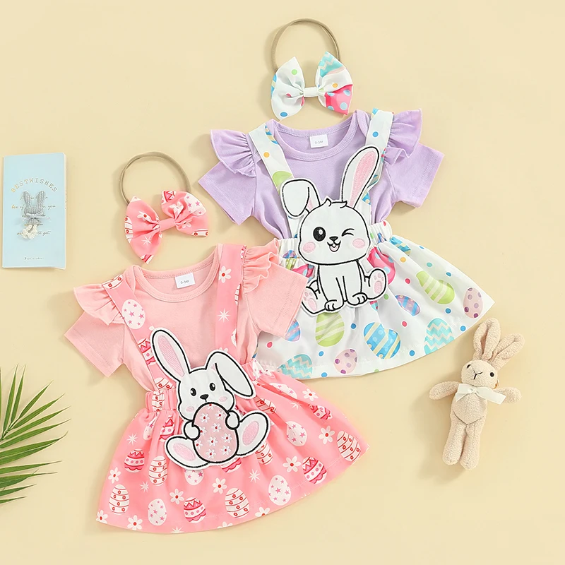 

Baby Girls Easter Outfits Solid Color Short Sleeve Rompers Rabbit Embroidery Suspender Skirts Headband 3Pcs Clothes Set