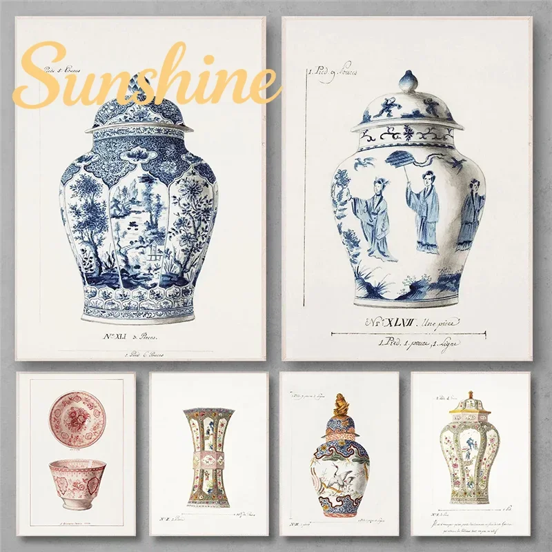 (No frame)Blue Chinoiserie Vase French Cottagecore Decoration Antique Ginger Jar Wall Art Toile de Jouy Style Poster for Eleg