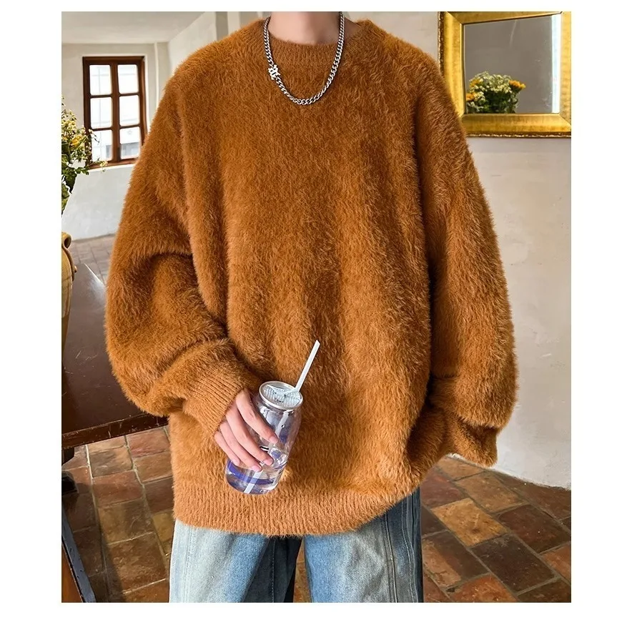 

Autumn Winter Large Size Men's Casual Loose Knitted Sweater Faux Fur Warm Outerwear Polyester Fiber Long Sve round Ne