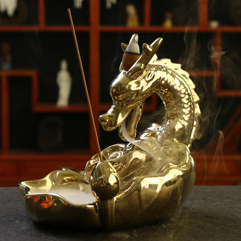 Imagem -02 - Gold Dragon Backflow Incenso Burner Incenso Stick Censer Presente de China 10 Pcs Cones