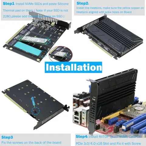 Quad NVMe PCIe Adapter, RIITOP 4-Port NVMe to PCI-e 4.0/3.0 x16 Expand Controller Card with Heatsink for M.2 NVMe SSD