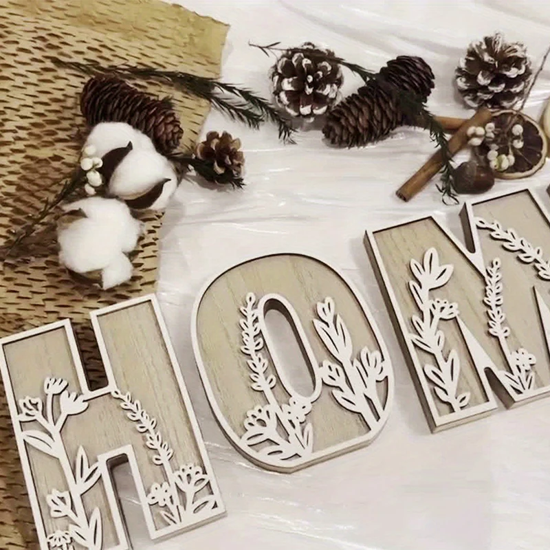 خشبية الأبجدية رسالة منحوتة أنماط الأزهار الحلي الجدار الشنق ديكور المنزل DIY حفل زفاف عرض الحرف اليدوية الزخرفية #5