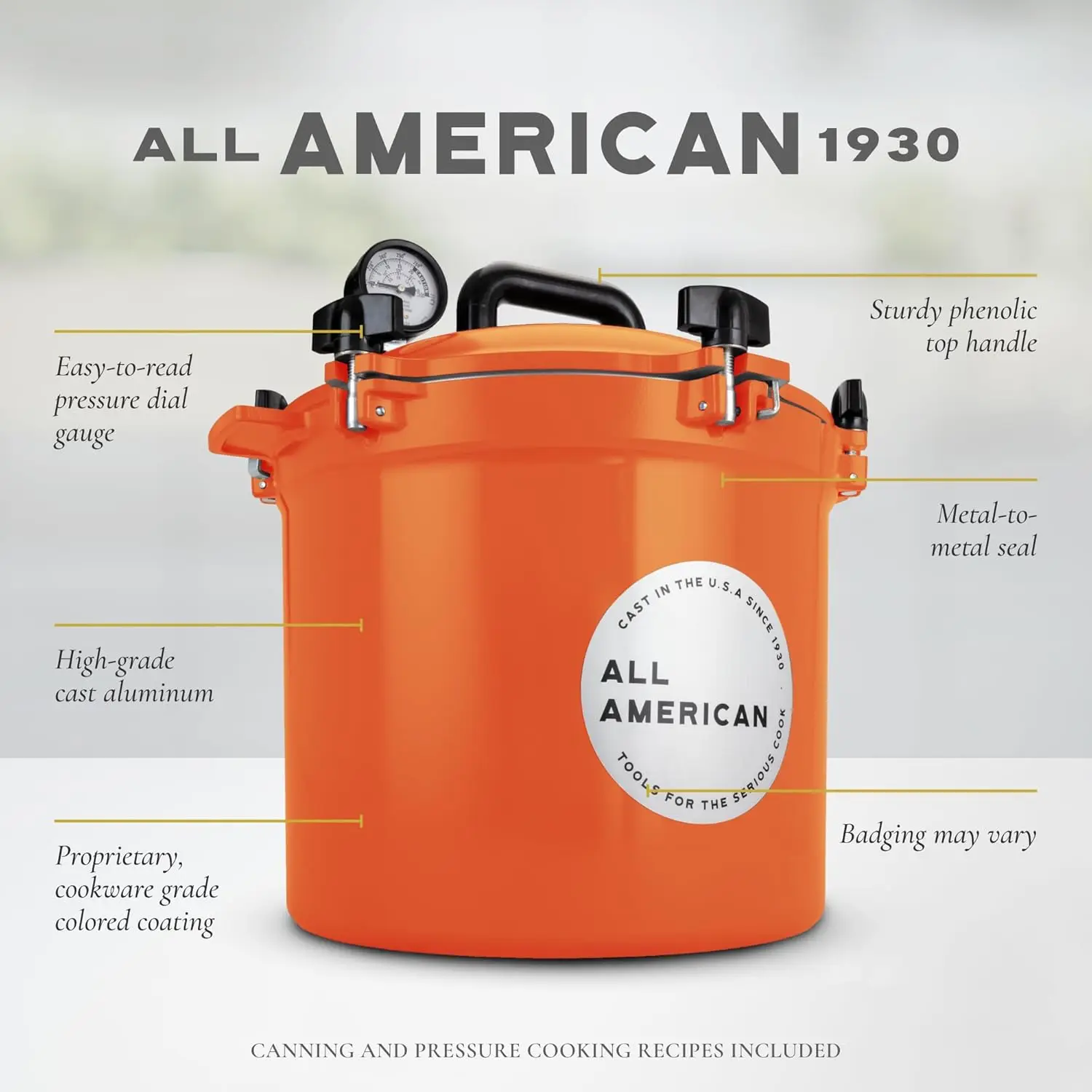 All American 1930-21.5Qt Pressure Cooker/Canner (The 921), Saffron - Exclusive Metal-To-Metal Sealing System - Suitable For