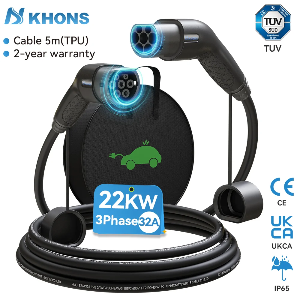Khons EV Charging Cable Type2 To Type2 Charger Cable 22kw 32A EV Charger Female Plug To Male Plug EVSE Charging 5M TPU Cable