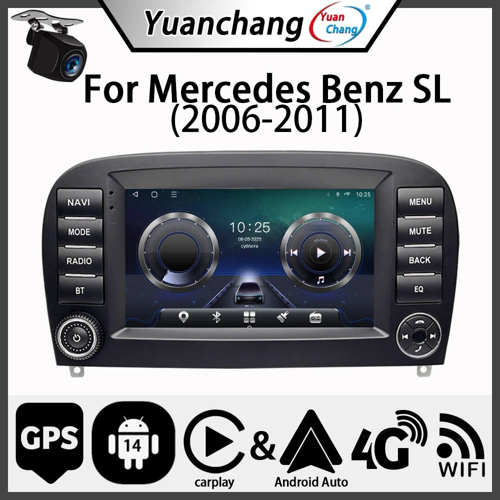 مشغل فيديو للوسائط المتعددة للسيارة Android14 GPS 2Din، مناسب لمرسيدس بنز SL R230 SL350 SL500 2006-2011 #1