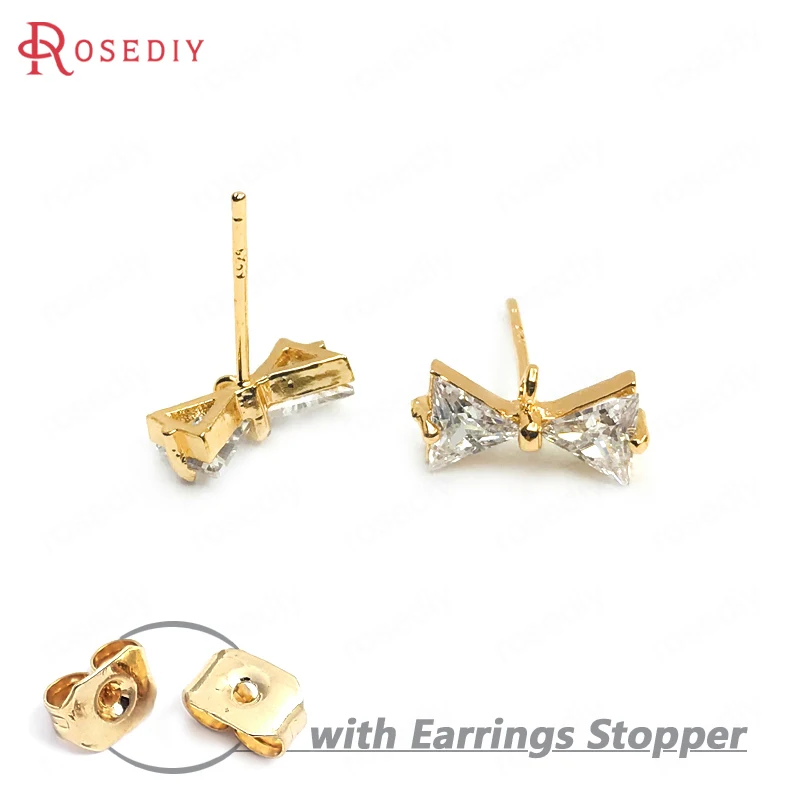 (F046)6 pieces Bow 11x6mm High Quality Gold Color Brass with White Zircon  Stud Earrings Diy Jewelry Findings Accessories