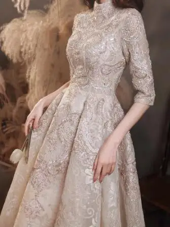 Robe de bal couleur Champagne à demi-manches, en dentelle perlée, élégante robe de soirée de cérémonie de mariage à col haut, ligne a, nouvelle collection