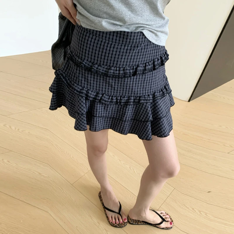 Vintage Plaid Mini Cake Skirts for Women 2026 Summer High Waist Ruffles A Line Skirt Woman Sweet Zipper Up Pleated Short Skirts