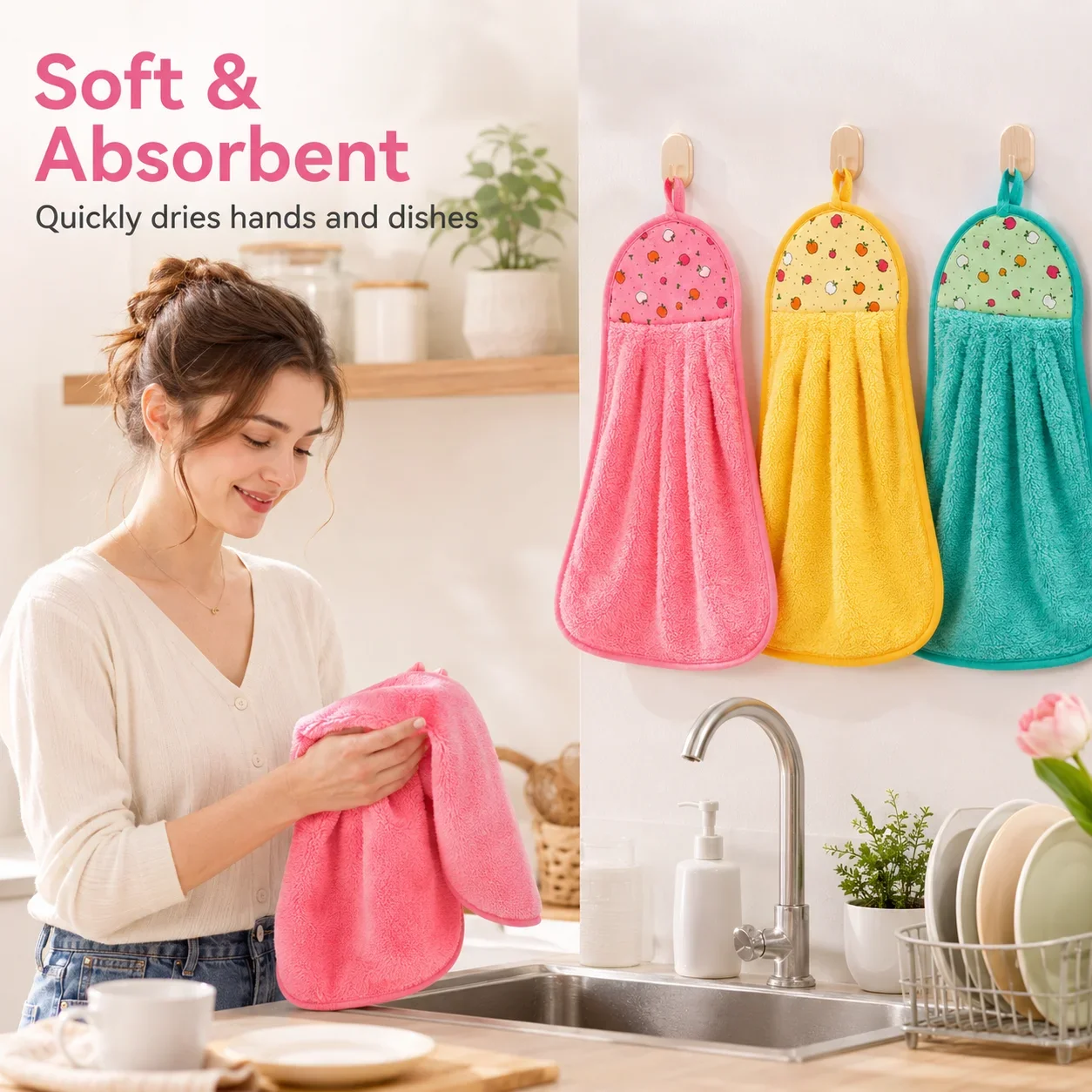 Coral Fleece Hand Towel 3 Pack, Soft Absorbent Kitchen Bathroom Towel, Thick Quick Drying Hanging Towel for Adults Kids