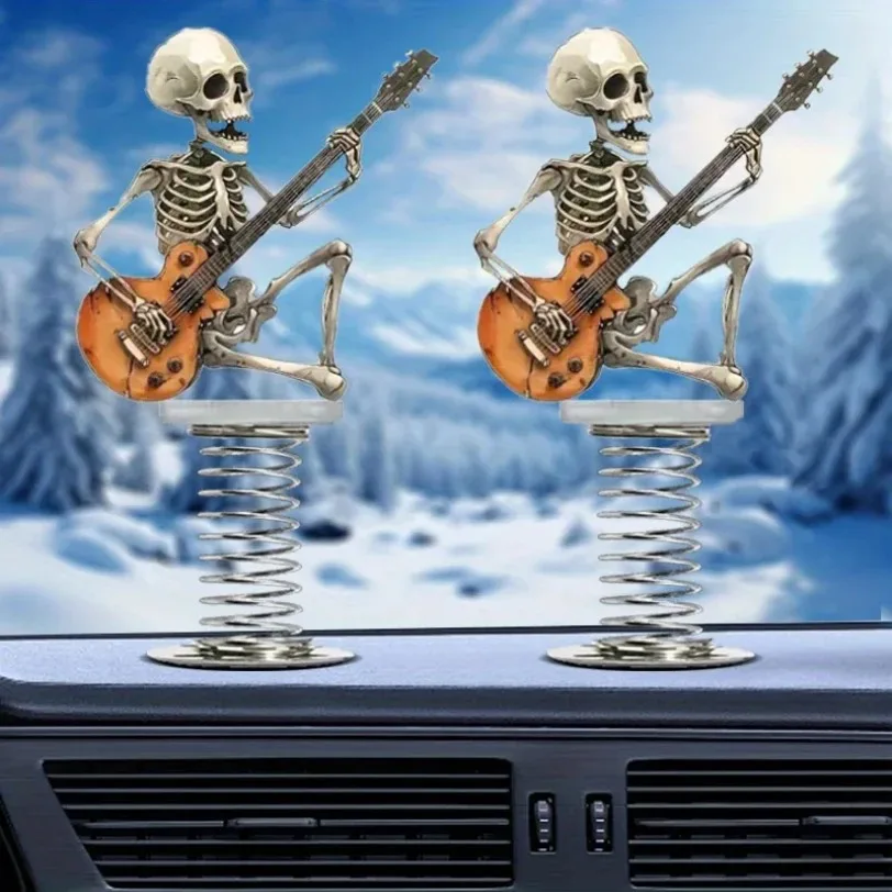 Rock Style Skull Guitar Car Ornaments Spring Swing Creative Decoration 2D Car Personalized Decoration Small Objects