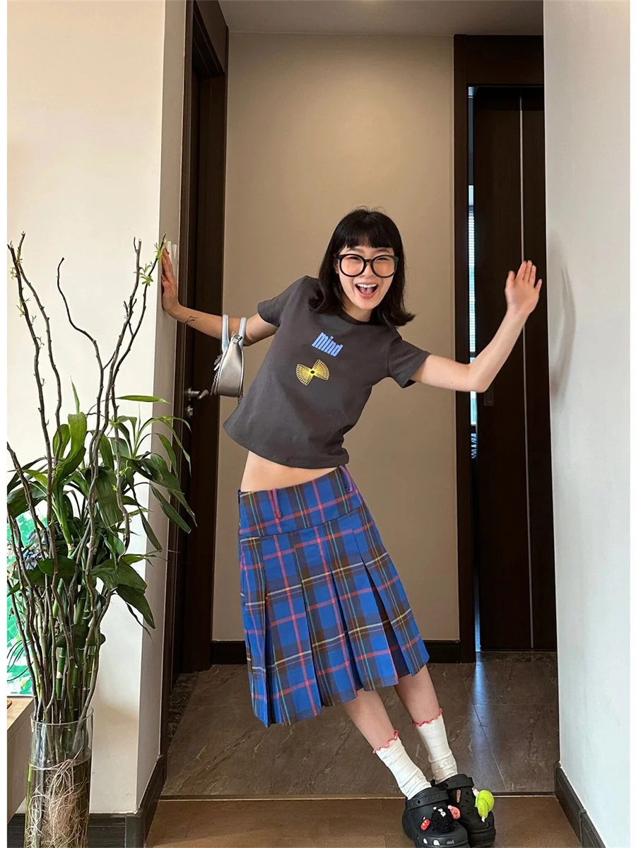 

Женская клетчатая юбка в стиле ретро, летняя плиссированная юбка трапециевидной формы с высокой талией, синяя клетчатая длина