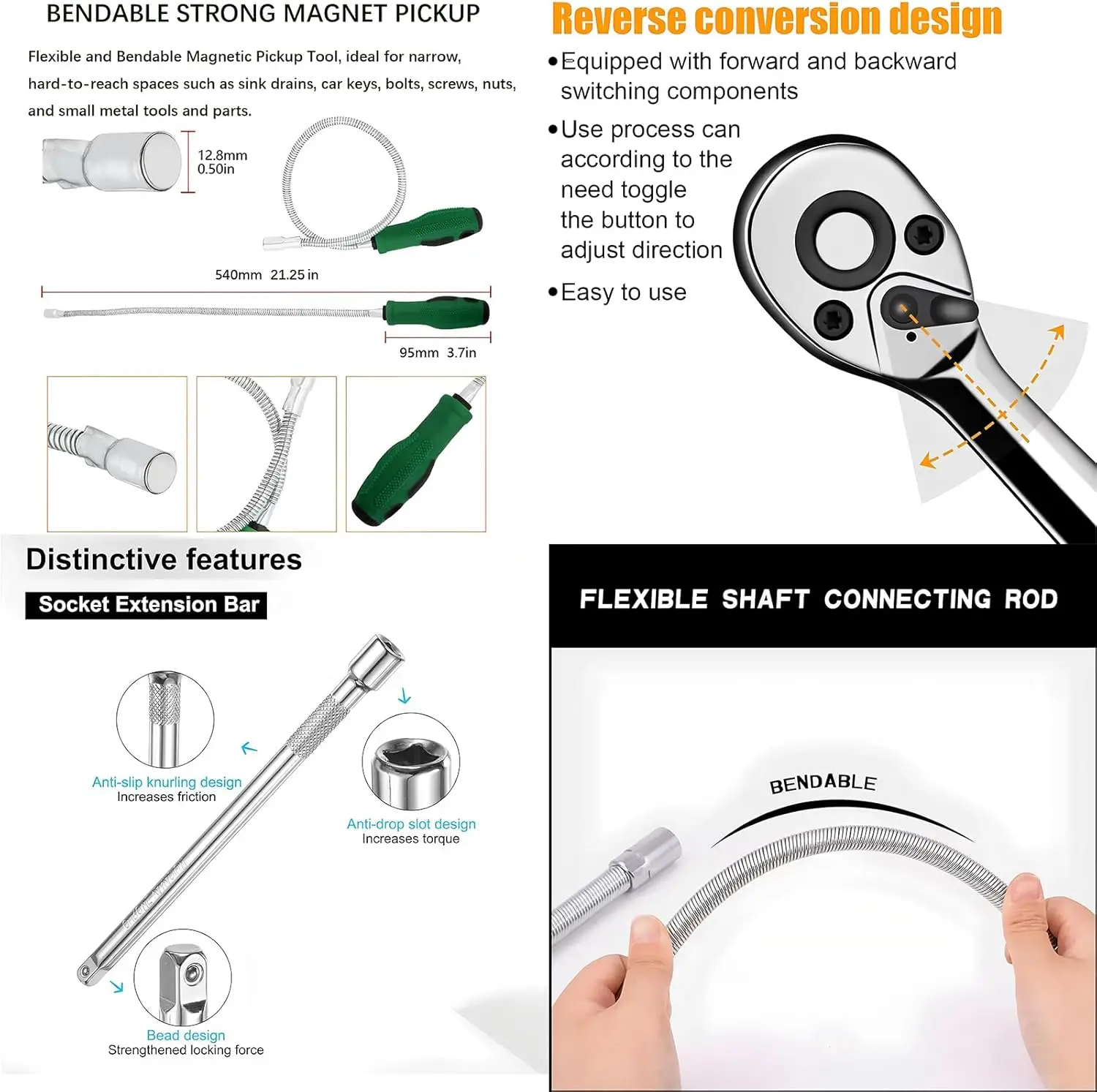 1/4インチ小型ラチェットソケットレンチセット（20個入り）1/4ラチェットエクステンション＆磁気ピックアップツール付き
