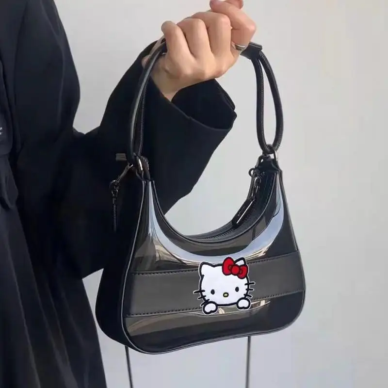 

Korean Jelly PC Hello Kitty Transparent Retro Handbag Korean Fashion Slanted Sanrio Shoulder Bag Sweet and Cool Y2k Girls Undera