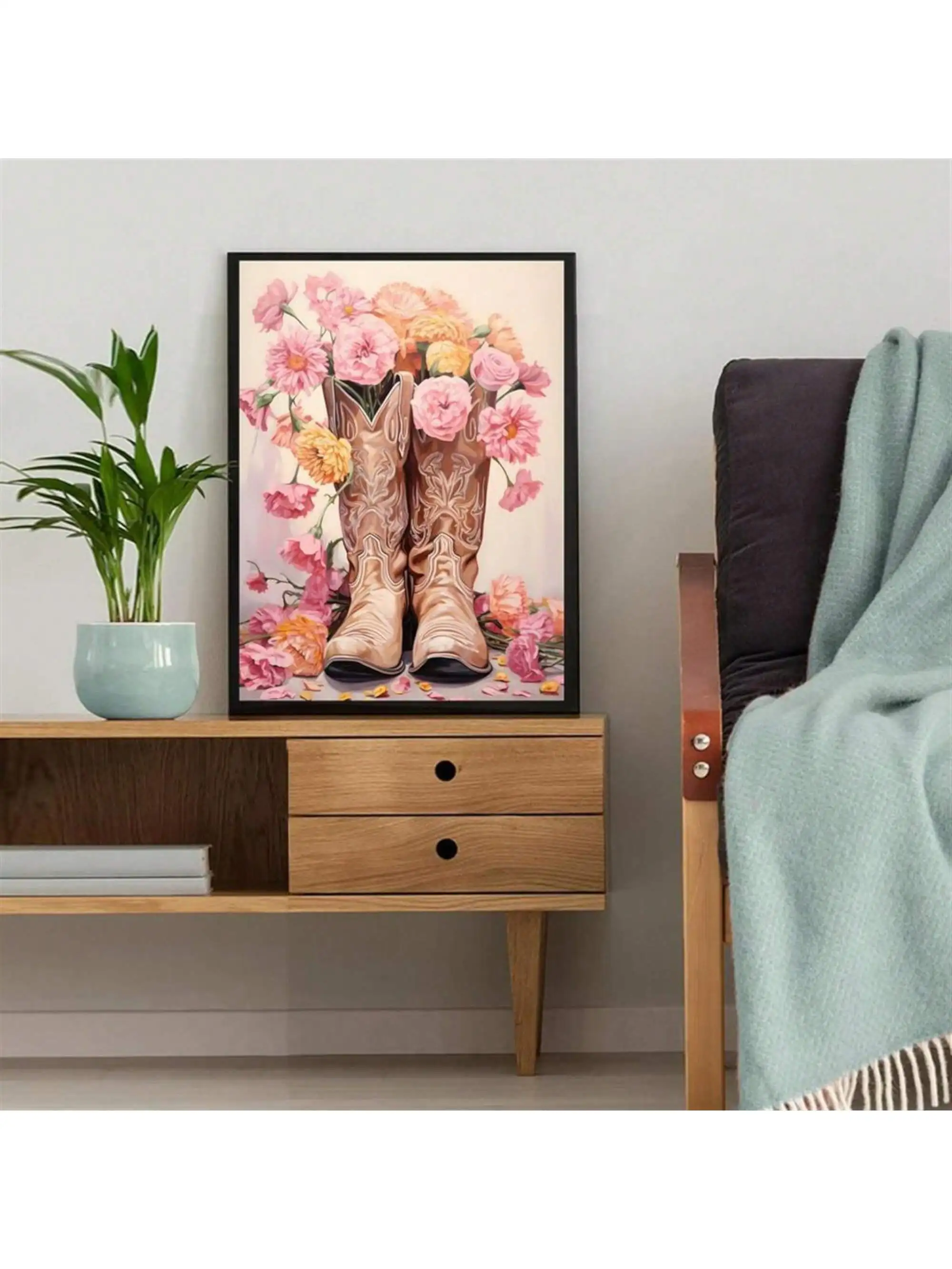 Chic Floral Cowgirl Boots Canvas Art Print - Pink Boho Girl Wall Decor, Unframed Modern Western Poster For Living Room, Home