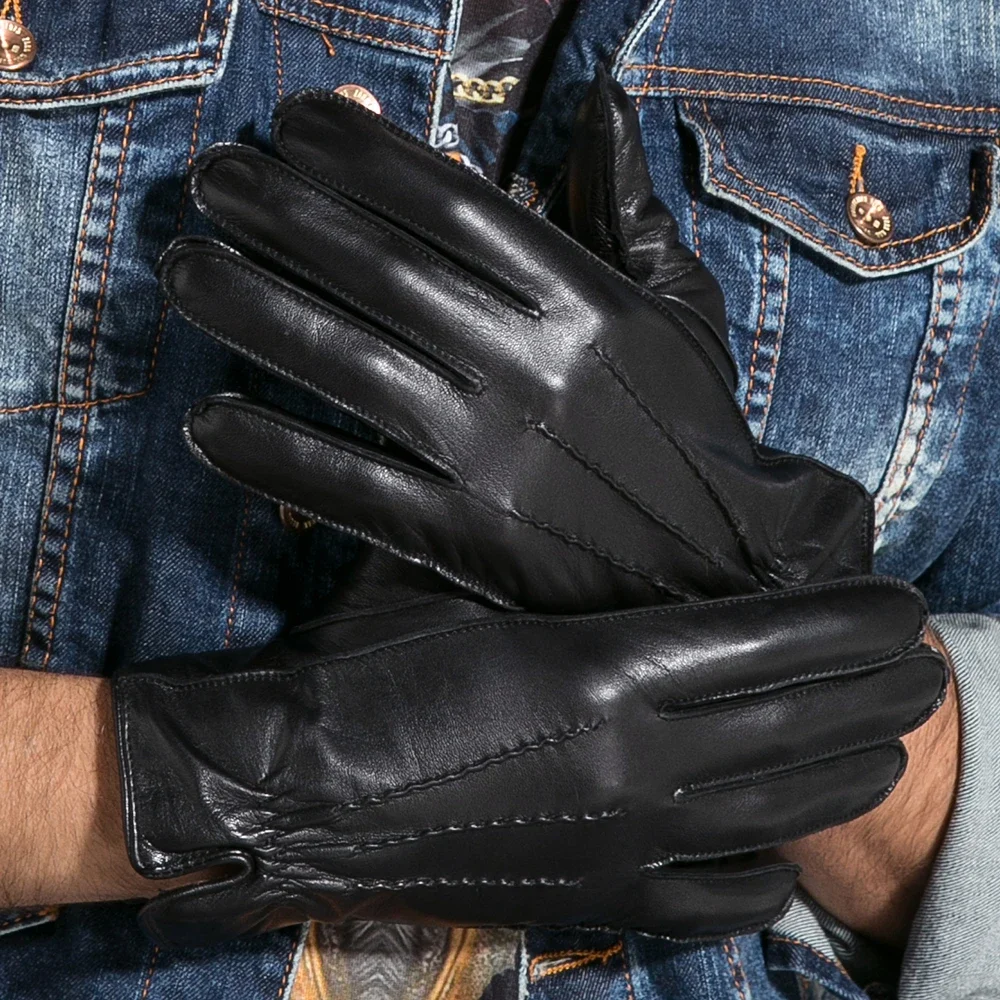 GOURS Winter Real Leather Gloves Men Black Genuine Goatskin Gloves Fleece Lining Warm Soft Driving Fashion New Arrival GSM019