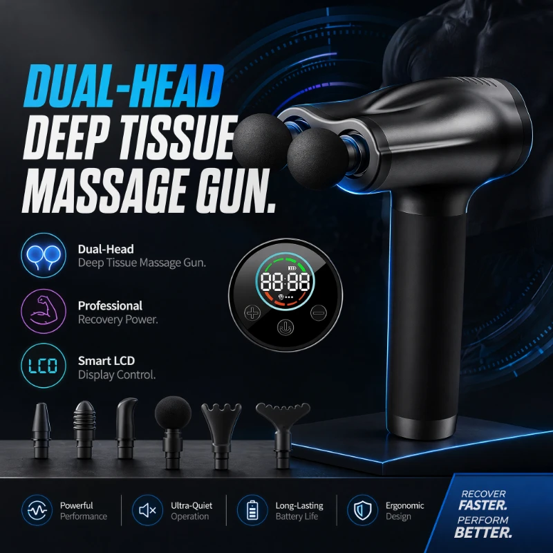 Handheld Double Head Massage Gun Equipment with Digital Display Deep Tissue Percussion Muscle Massage Fascial Gun Gym Home Use