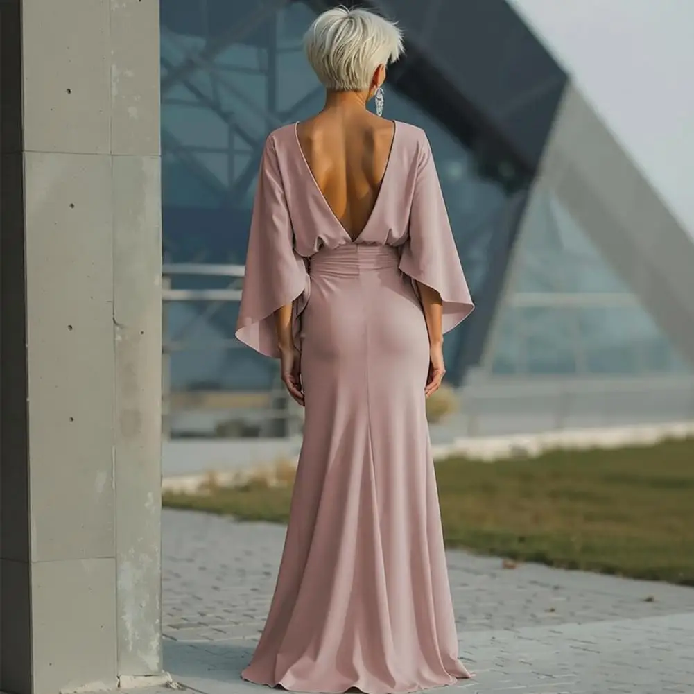 

2026 Elegant O Neck Batwing Sleeve Robe Dress Ruched Boat Neck Wedding Guest Dress Backless Bodycon Party Cocktail Prom Gown