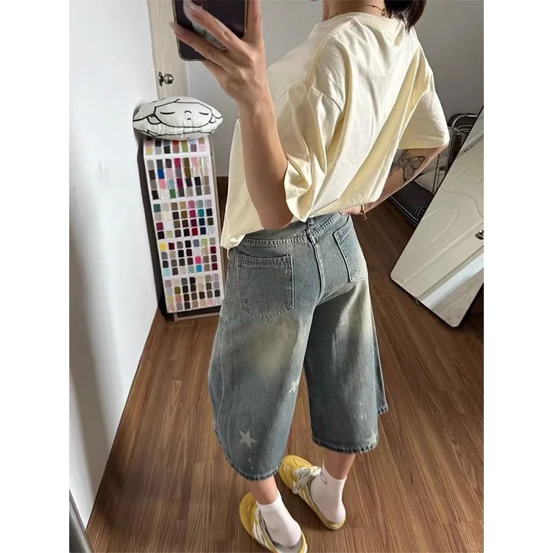 Retro Star Print Distressed Straight Leg Seven-Foot Pants Women's Summer New Style plus Size Small Kids Vintage Mid-Length Jeans
