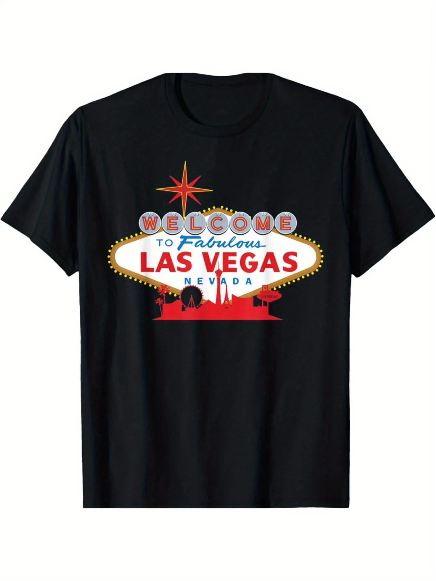 1pc, Las Vegas Pattern T-Shirt, Bold Welcome Sign with Palm Tree Design, Black Bright Colors, Regular Fit Men'S Universal Style