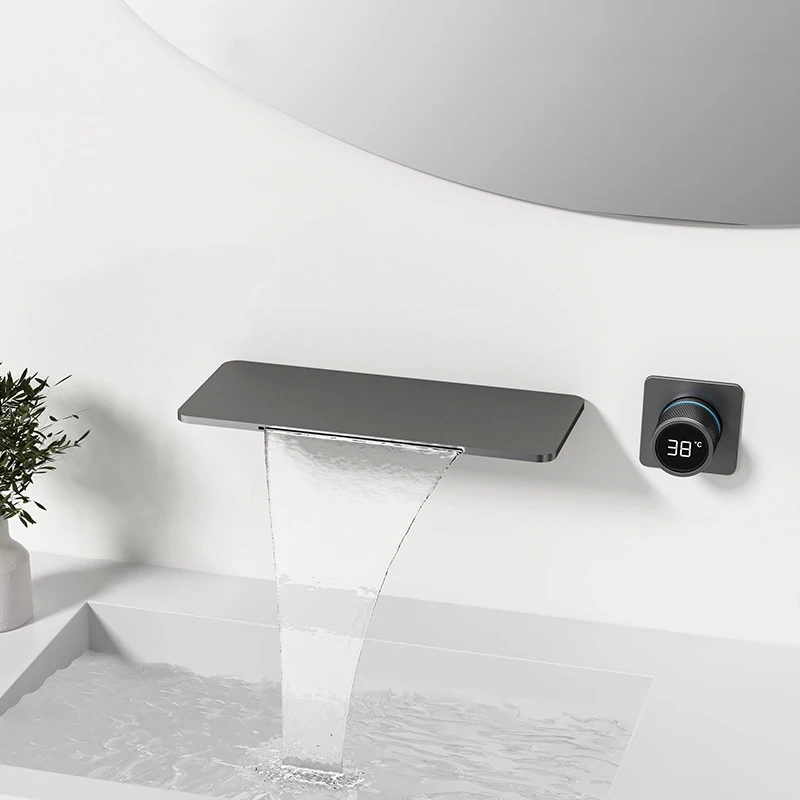 

Farrete Luxury high-end gun gray Concealed basin faucet hidden embedded waterfall cold and hot digital display bathtub faucet